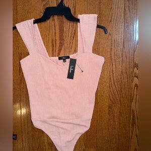 Lulu's Pink Ribbed Square-Neck Bodysuit